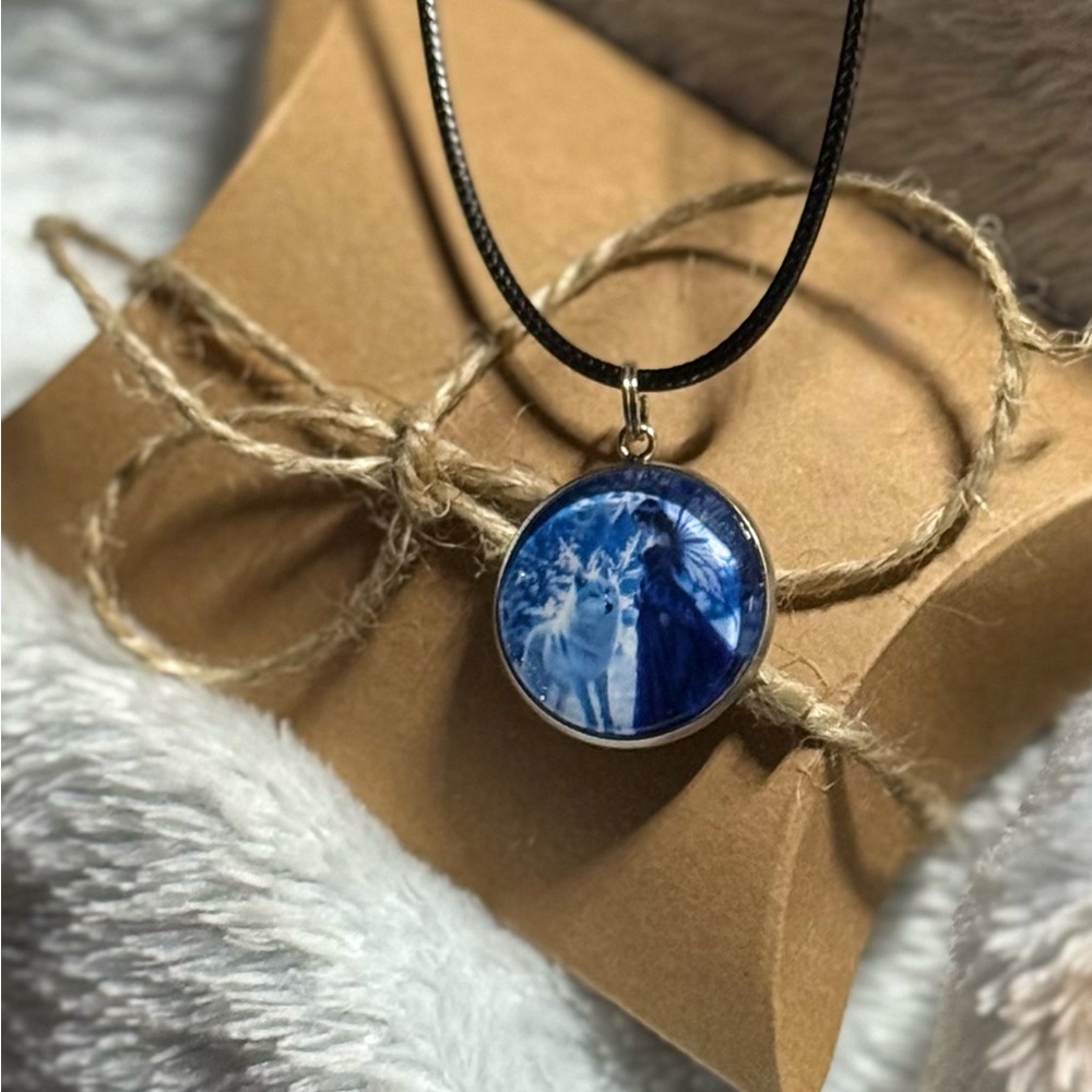 Enchanted Wolf Spirit Pendant Blue Winter Fantasy Necklace